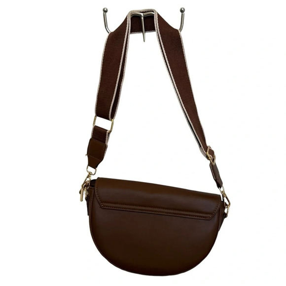 Vegan Leather Crescent Shoulder handbag with Adjustable Guitar Strap Brown - Picture 3 of 10